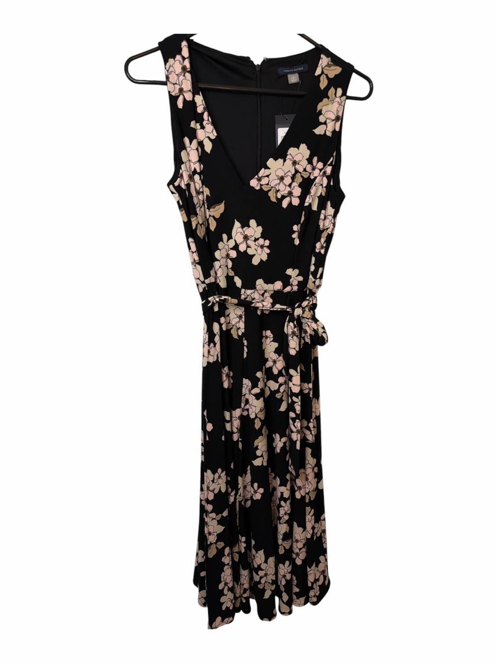 Tommy Hilfiger Sleeveless Black Floral V-Neck Midi Dress - Light Pink Floral NWT